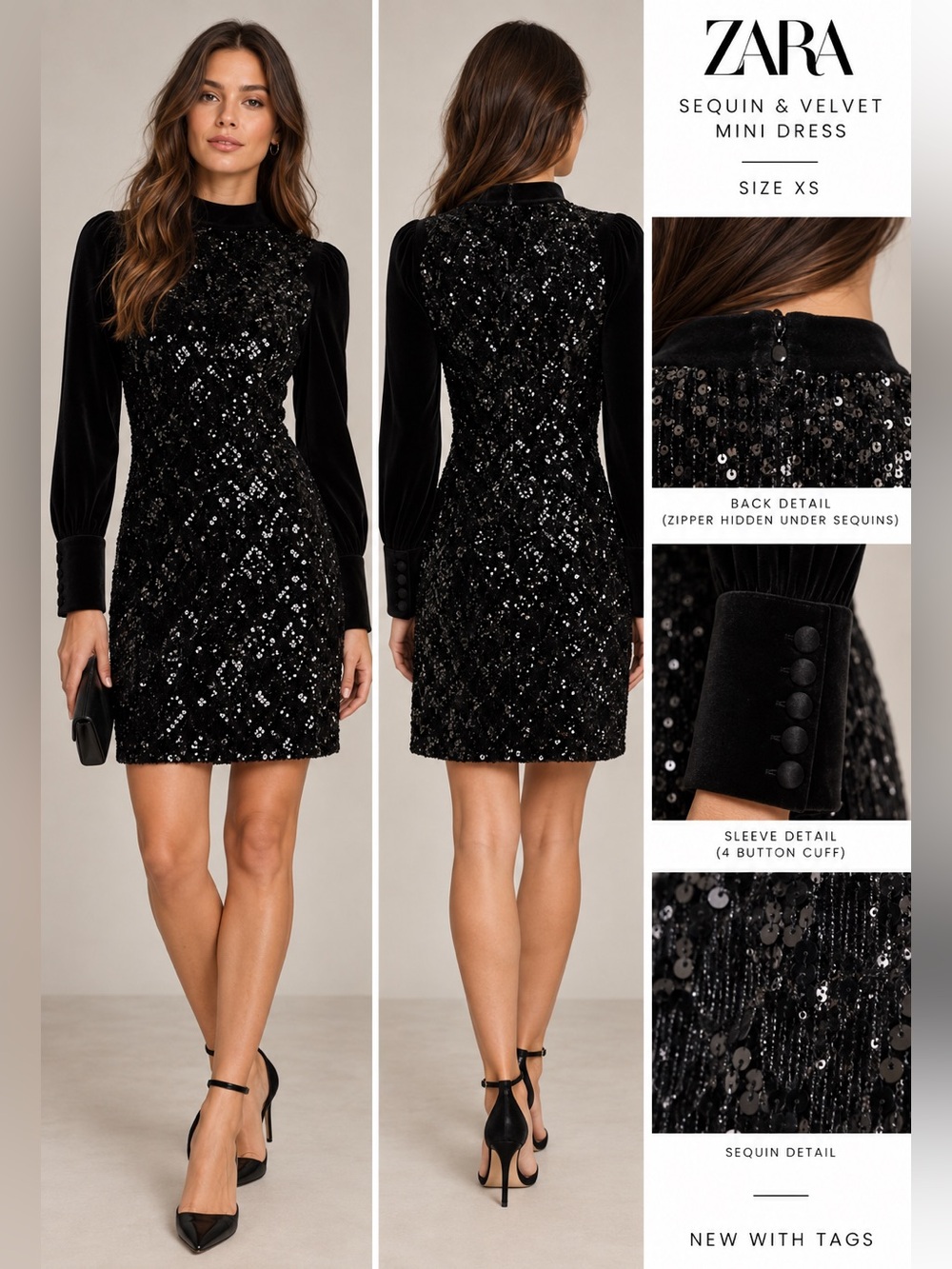 NWT ZARA Black Sequin & Velvet Mini Dress – XS ✨